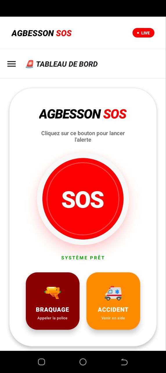 Application Agbesson SOS — écran principal avec bouton d'alerte SOS d'urgence pour Android
